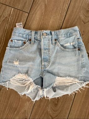 Levi’s 501 Red tab Blue denim cutoff distressed Button fly Jean shorts Size 24
